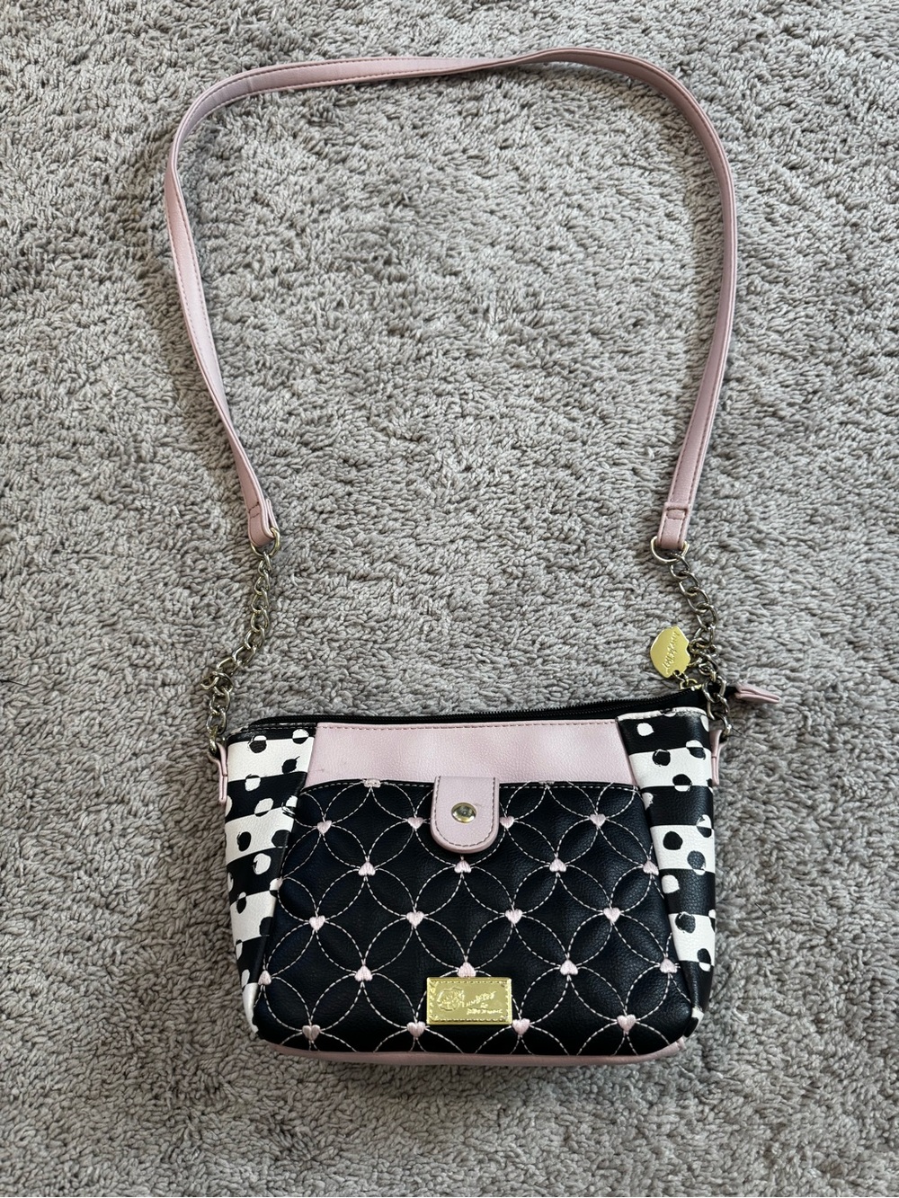 Betsey Johnson Black White & Light Pink Quilted Polka Dot Crossbody